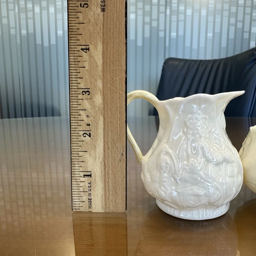 Antique Belleek Irish Porcelain Floral‎ Pattern Creamer & Sugar Dish Green Mark